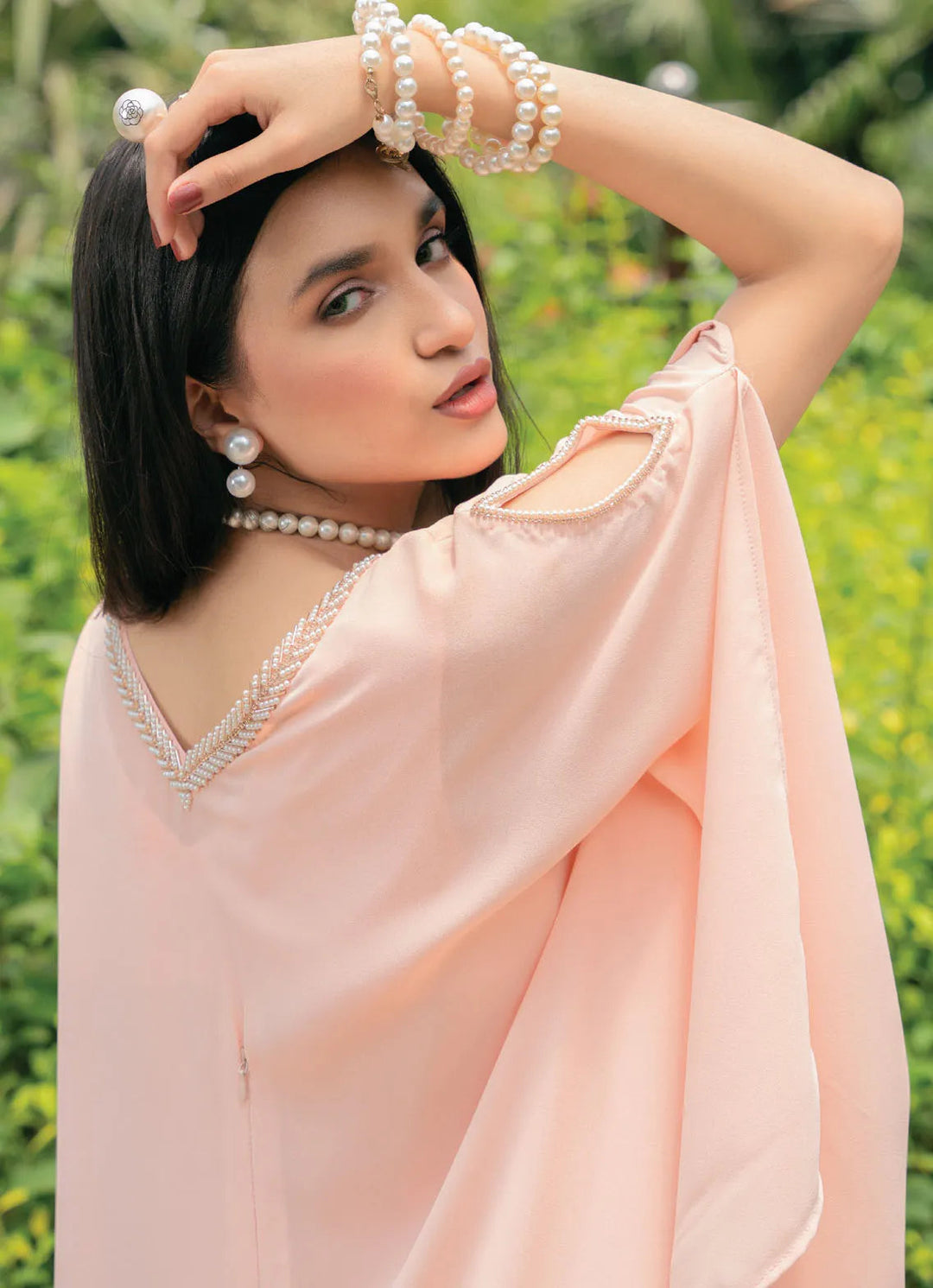 Edowlark Pret Causal Georgette 3 Piece Hand Beaded Cape Dress