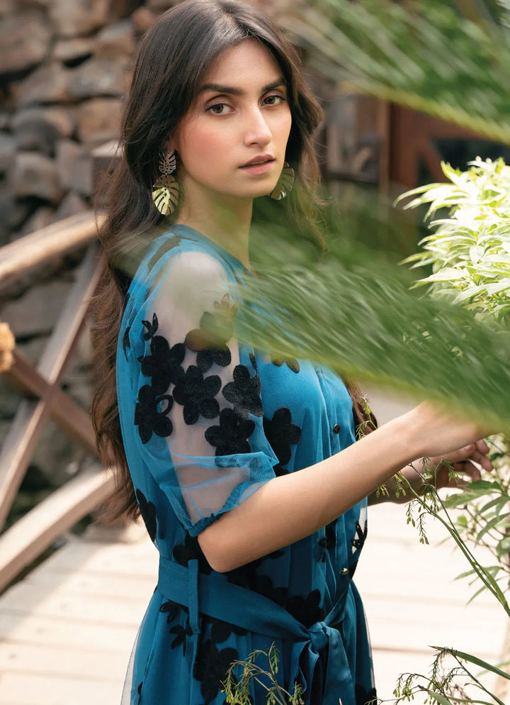 Edowlark Pret Embroidered Polyester Mesh Net 2 Piece Applique Mesh Flare Dress