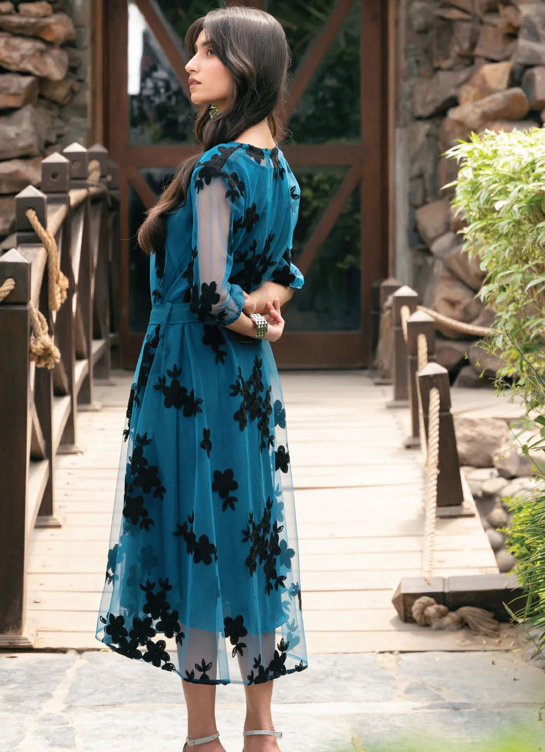 Edowlark Pret Embroidered Polyester Mesh Net 2 Piece Applique Mesh Flare Dress