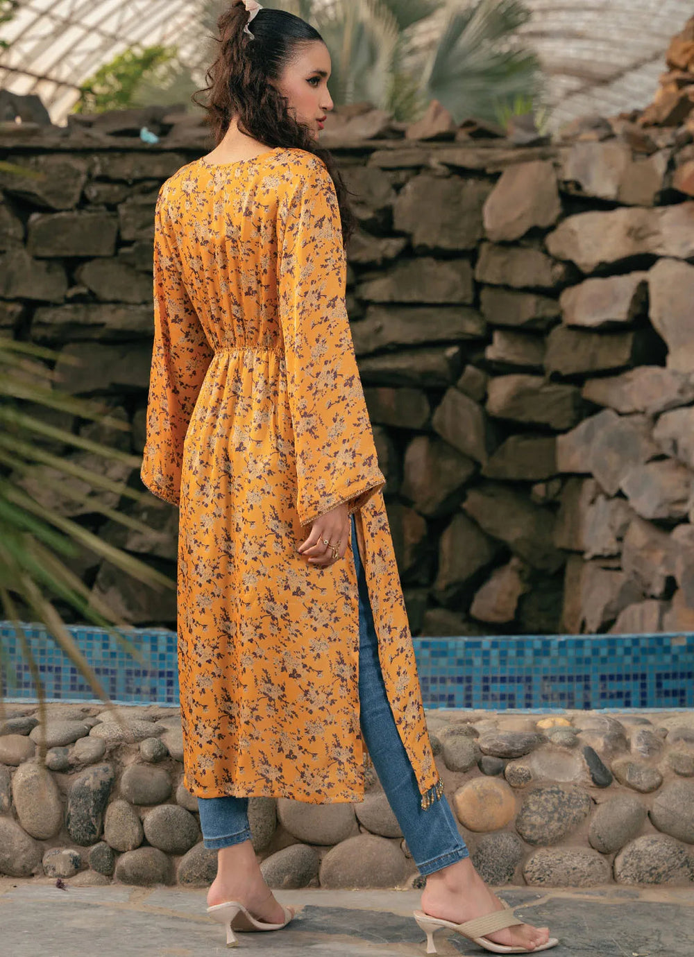 Edowlark Pret Printed Charmeuse Silk 1 Piece Silk Kaftan Dress Maxi Dress