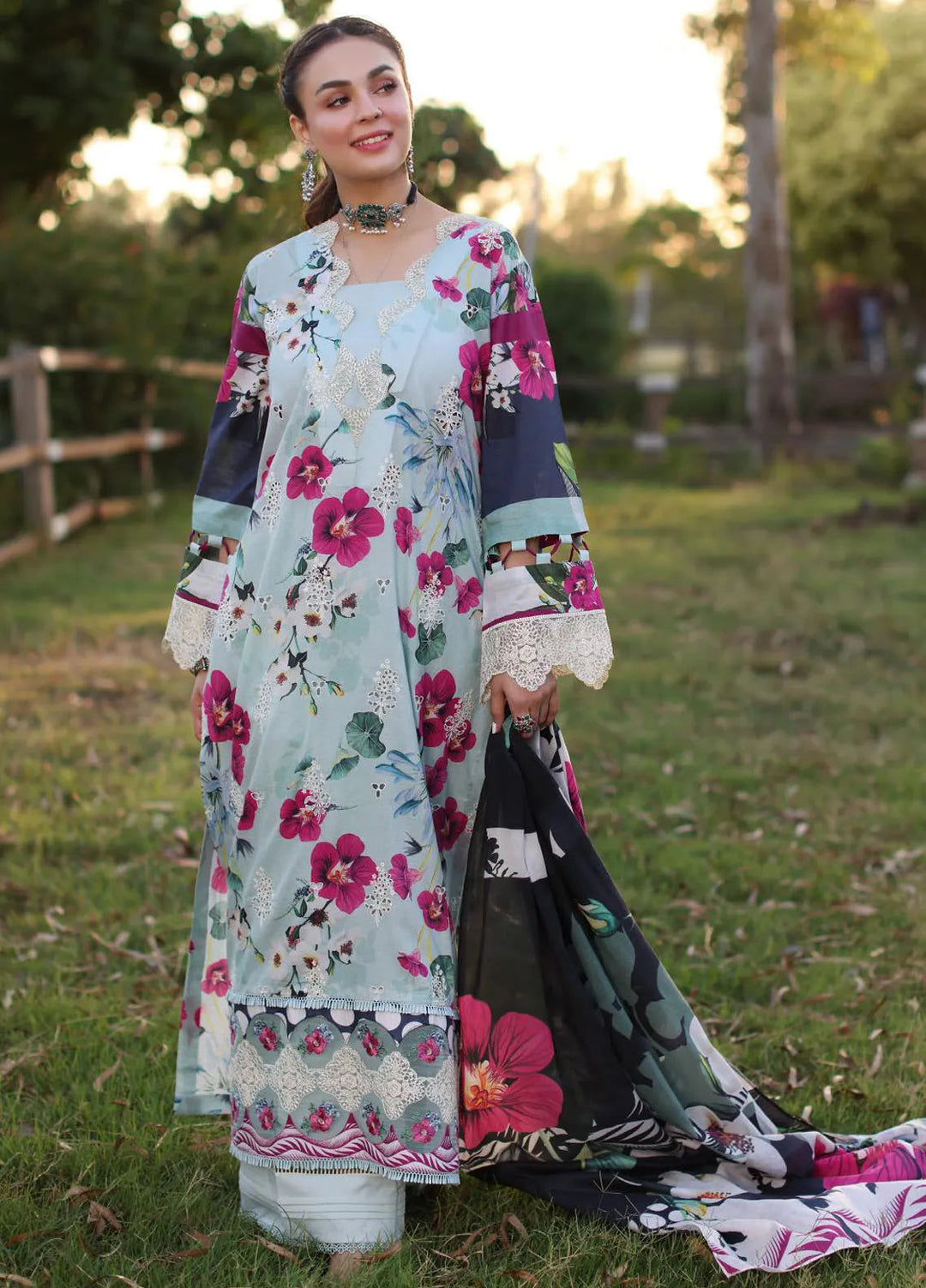 Elaf Chikankari Lawn Suit Unstitched 3 Piece EF24C ECK-01 B Aquabella - Summer Collection