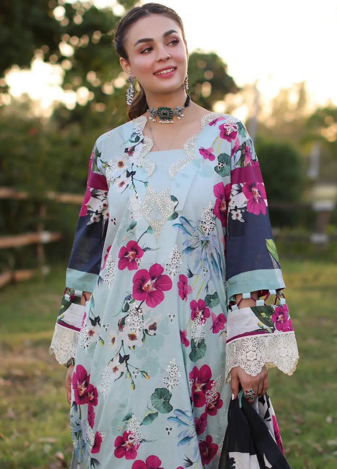 Elaf Chikankari Lawn Suit Unstitched 3 Piece EF24C ECK-01 B Aquabella - Summer Collection