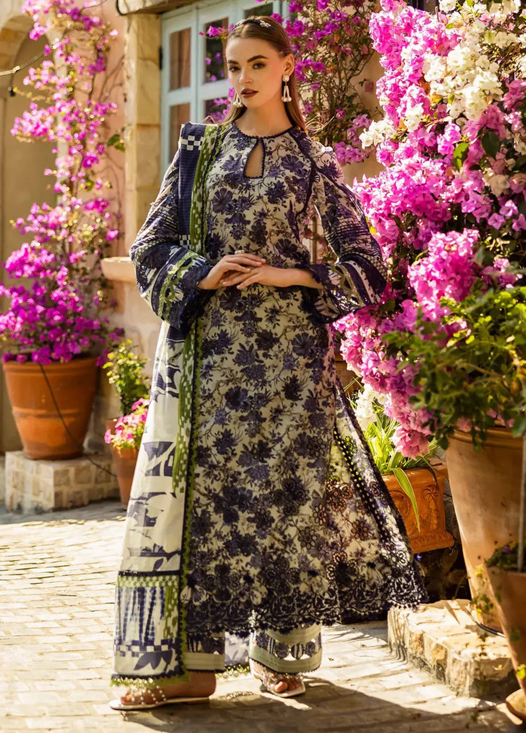 Elaf Chikankari Lawn Suits Unstitched 3 Piece EF25PC ELK-01A Blue Blossom - Summer Collection