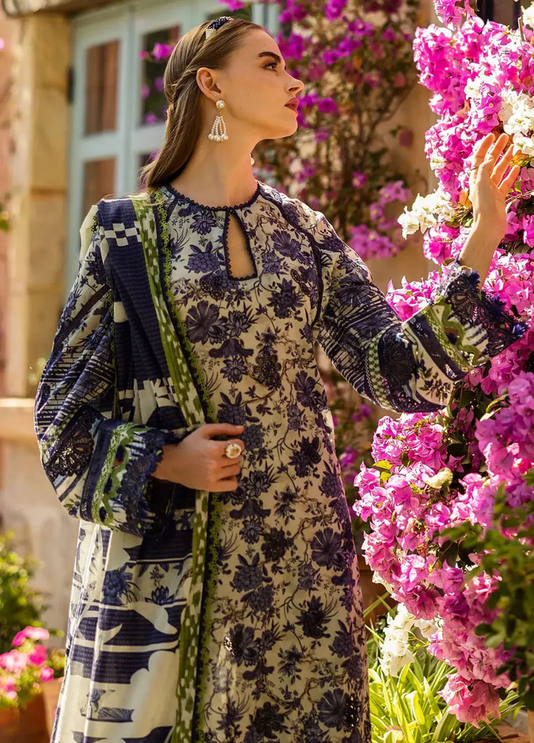 Elaf Chikankari Lawn Suits Unstitched 3 Piece EF25PC ELK-01A Blue Blossom - Summer Collection