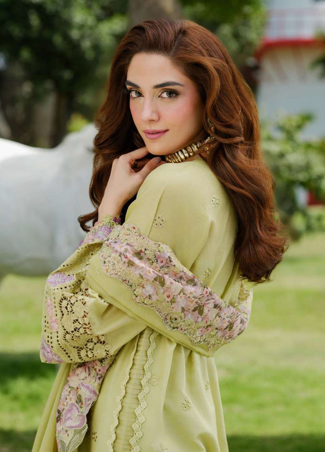 Elaf Embroidered Lawn Suits Unstitched 3 Piece EF25LV ELH-1A Pistacia - Summer Collection