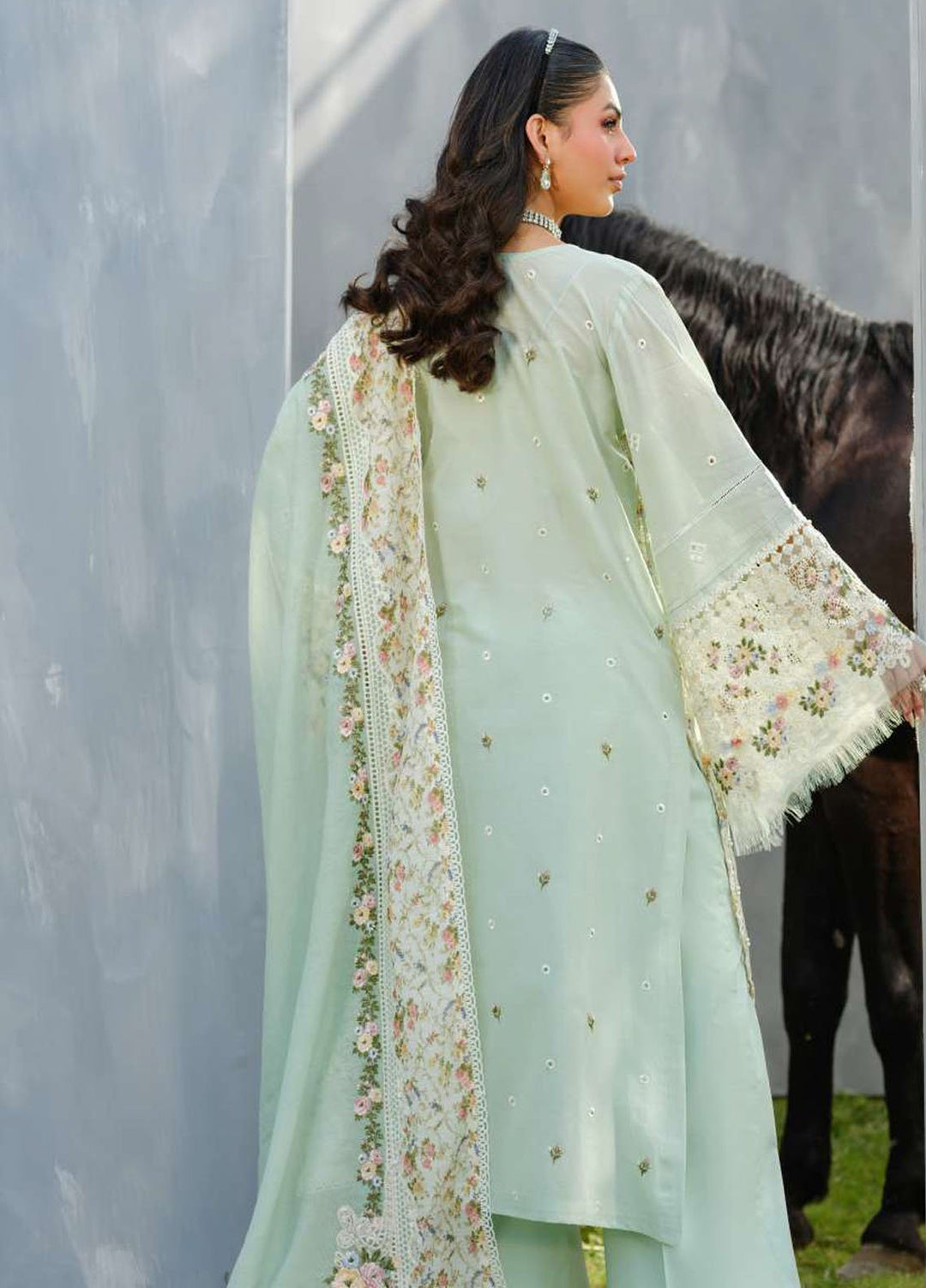 Elaf Embroidered Lawn Suits Unstitched 3 Piece EF25LV ELH-4B Frostel - Summer Collection