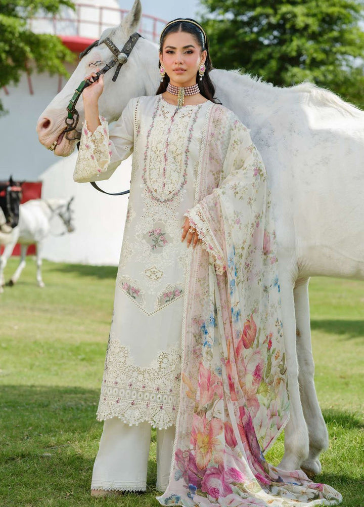 Elaf Embroidered Lawn Suits Unstitched 3 Piece EF25LV ELH-7A Wnite Empress - Summer Collection
