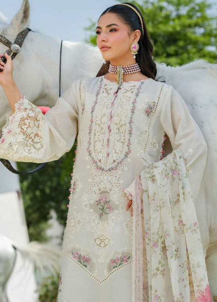 Elaf Embroidered Lawn Suits Unstitched 3 Piece EF25LV ELH-7A Wnite Empress - Summer Collection