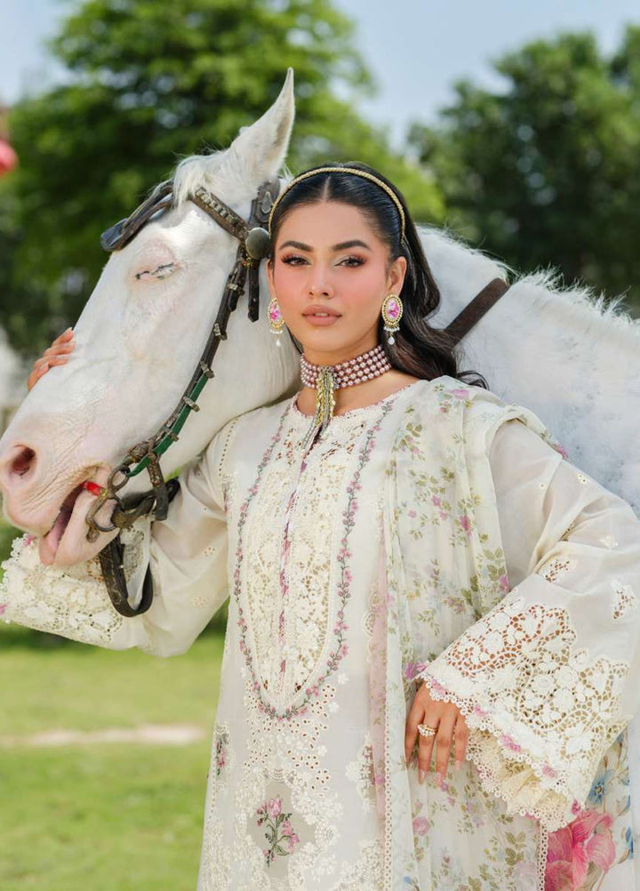 Elaf Embroidered Lawn Suits Unstitched 3 Piece EF25LV ELH-7A Wnite Empress - Summer Collection