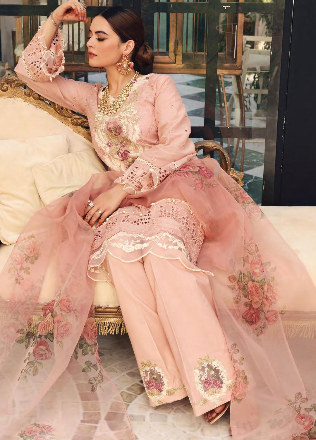 Elaf Schiffli Embroidered Lawn Suits Unstitched 3 Piece EL21FC 03 Rose Quartz - Luxury Collection