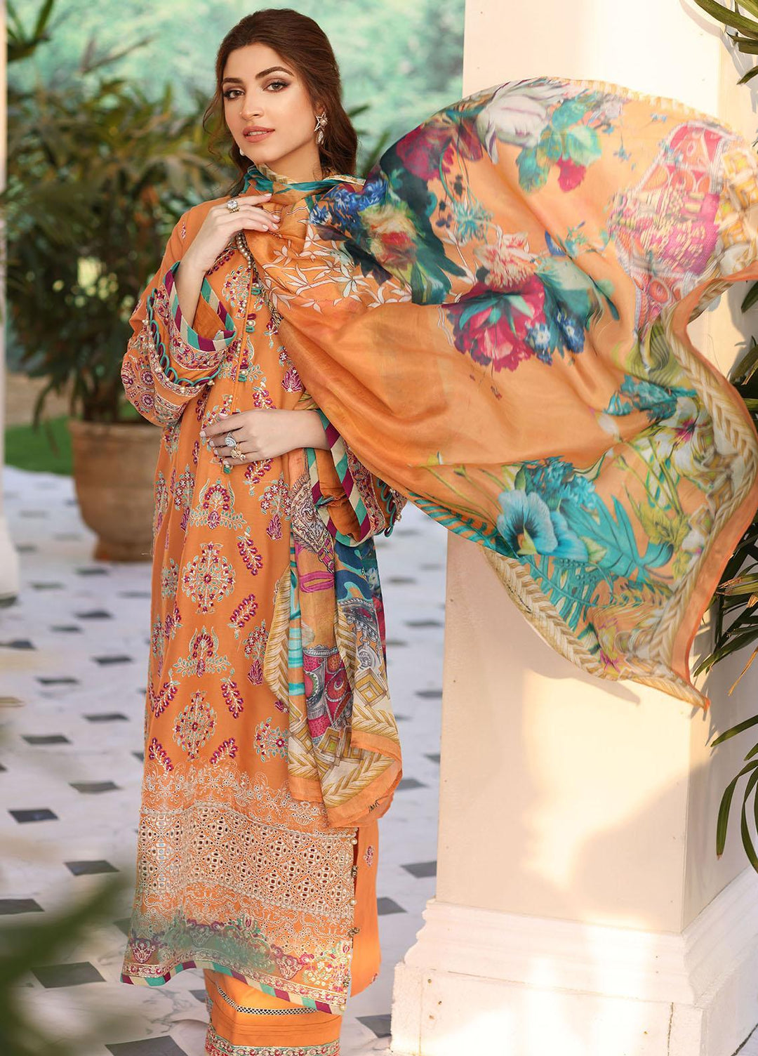 Elaf Embroidered Lawn Suits Unstitched 3 Piece EF23FC ELC-08 Tangerine - Festive Collection