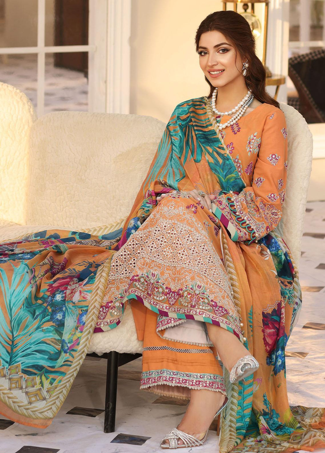 Elaf Embroidered Lawn Suits Unstitched 3 Piece EF23FC ELC-08 Tangerine - Festive Collection