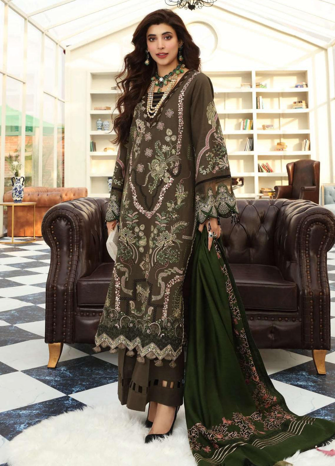 Elaf Embroidered Slub Khaddar Suits Unstitched 3 Piece EL21LW EWC-02A Henna - Winter Collection