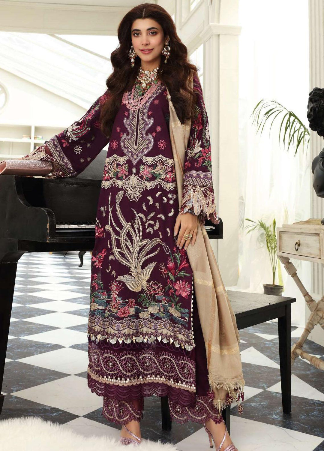 Elaf Embroidered Slub Khaddar Suits Unstitched 3 Piece EL21LW EWC-03B Plum - Winter Collection