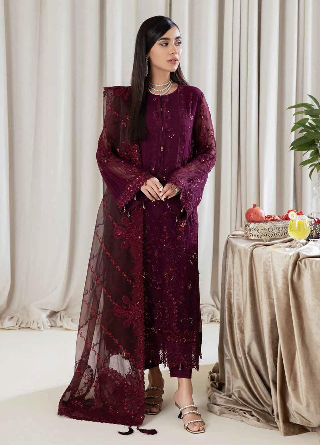 Elanora By Nureh Embroidered Chiffon Suits Unstitched 3 Piece NU22EC NEL- 12 - Luxury Collection