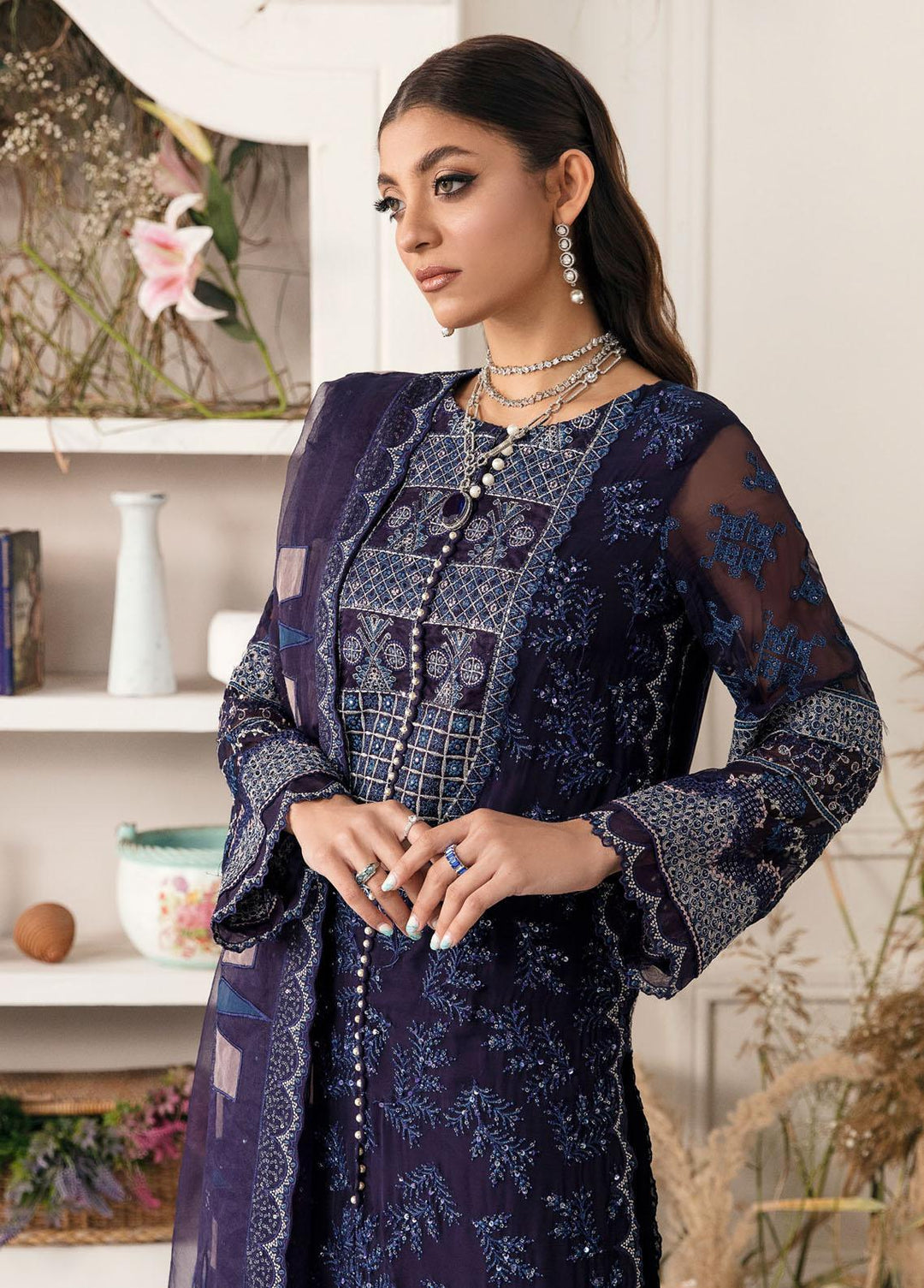 Elanora By Nureh Embroidered Chiffon Suits Unstitched 3 Piece NU22LC NEL-15 - Luxury Collection