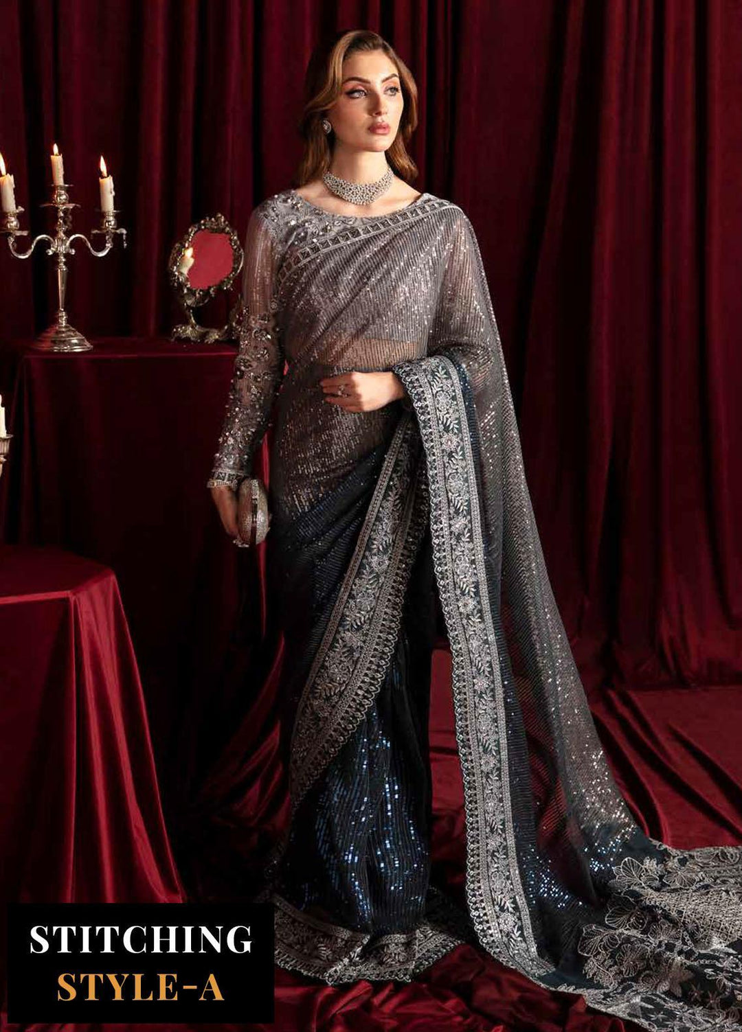 Elanora By Nureh Embroidered Net Suits Unstitched 4 Piece NU23LC NEL-40 Starry Nights - Luxury Collection