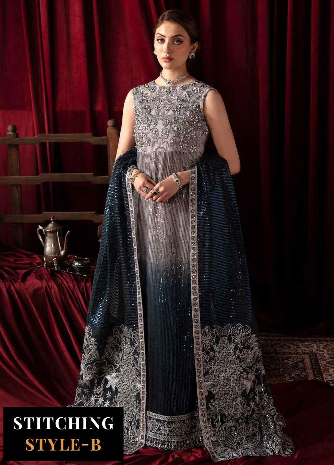 Elanora By Nureh Embroidered Net Suits Unstitched 4 Piece NU23LC NEL-40 Starry Nights - Luxury Collection