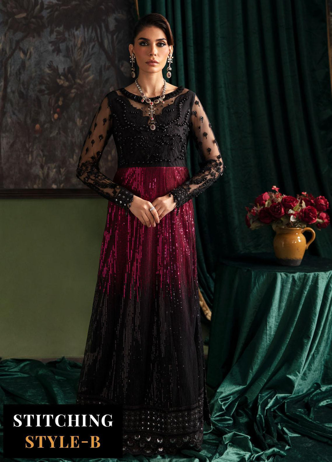 Elanora By Nureh Embroidered Net Suits Unstitched 4 Piece NU23ELL NEL-35 - Luxury Collection