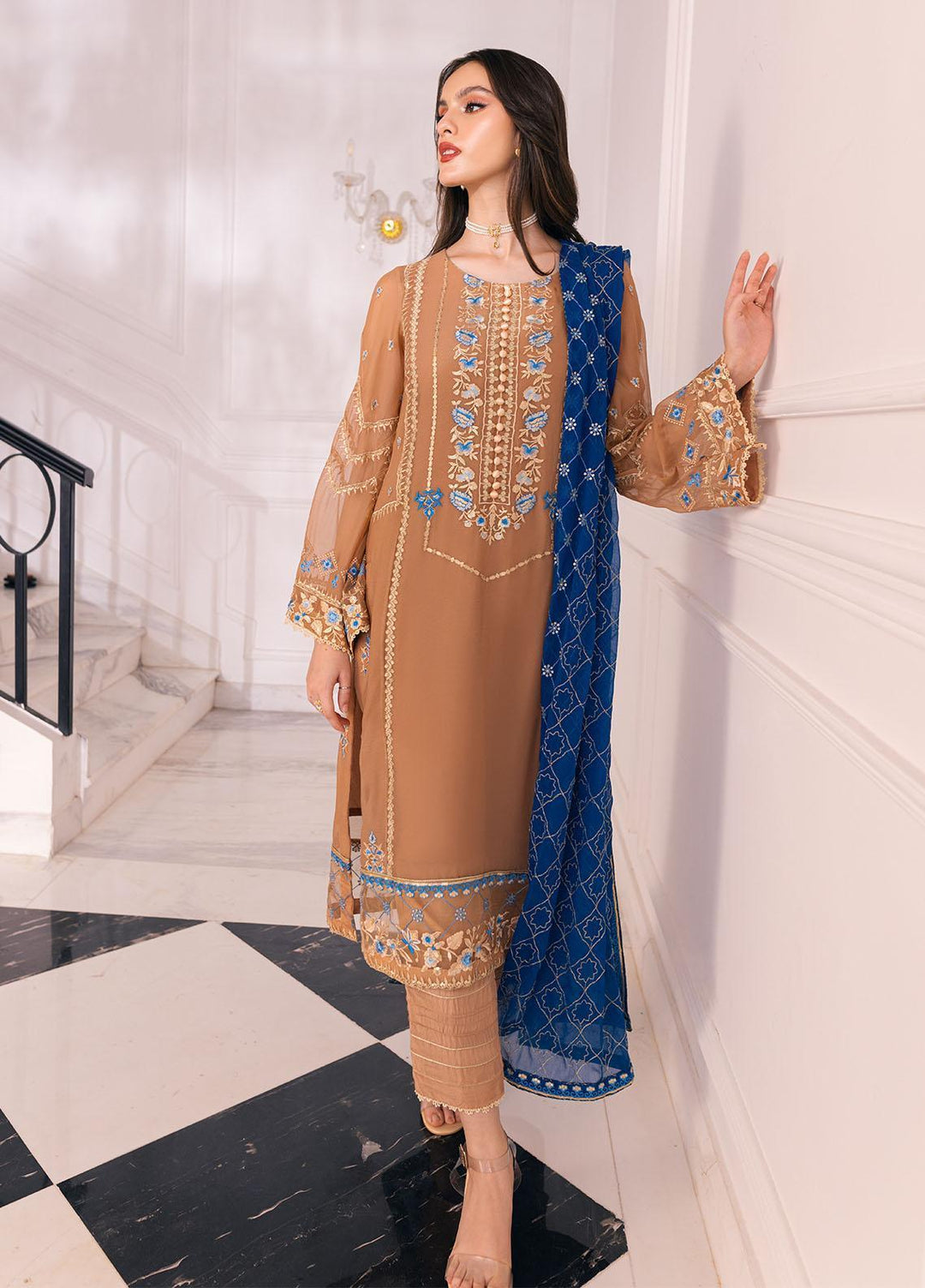 Ella By Sahane Embroidered Chiffon Suits Unstitched 3 Piece SNE23EL SAH-1002 Ivy - Formal Collection