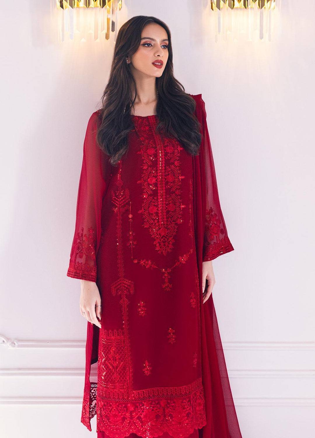Ella By Sahane Embroidered Chiffon Suit Unstitched 3 Piece SNE23EL SAH-1011 Scarlet - Formal Collection