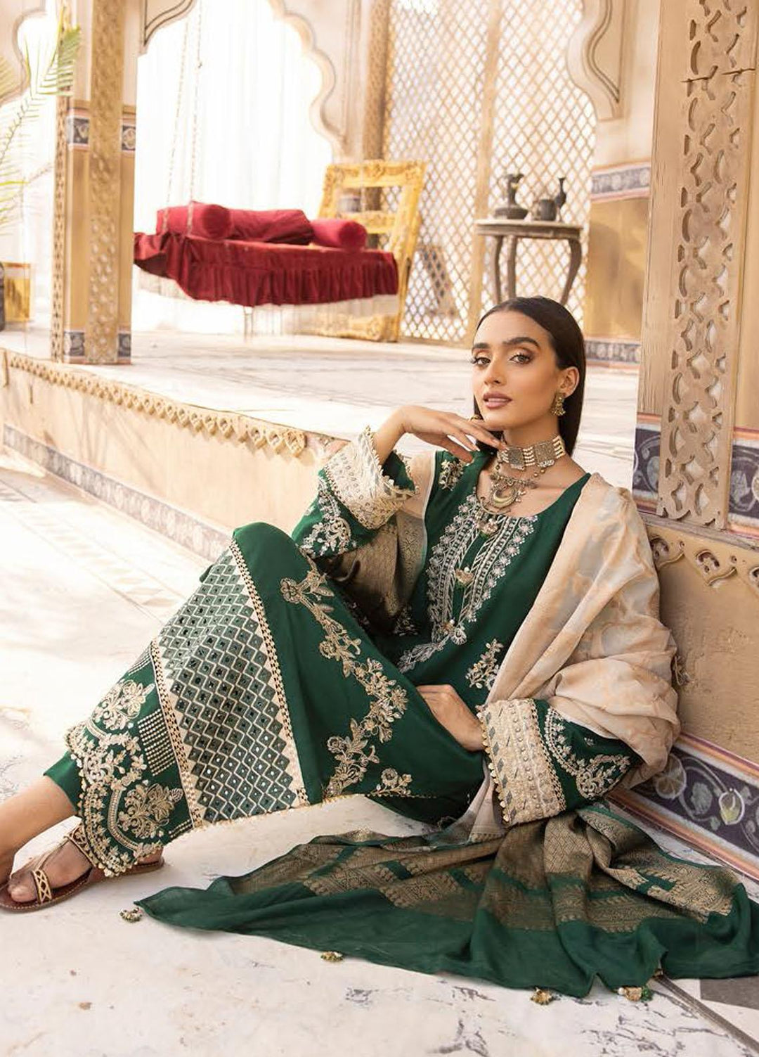 Elma by Riaz Arts Embroidered Leather Peach Suits Unstitched 3 Piece RA22ELP D-01 - Winter Collection