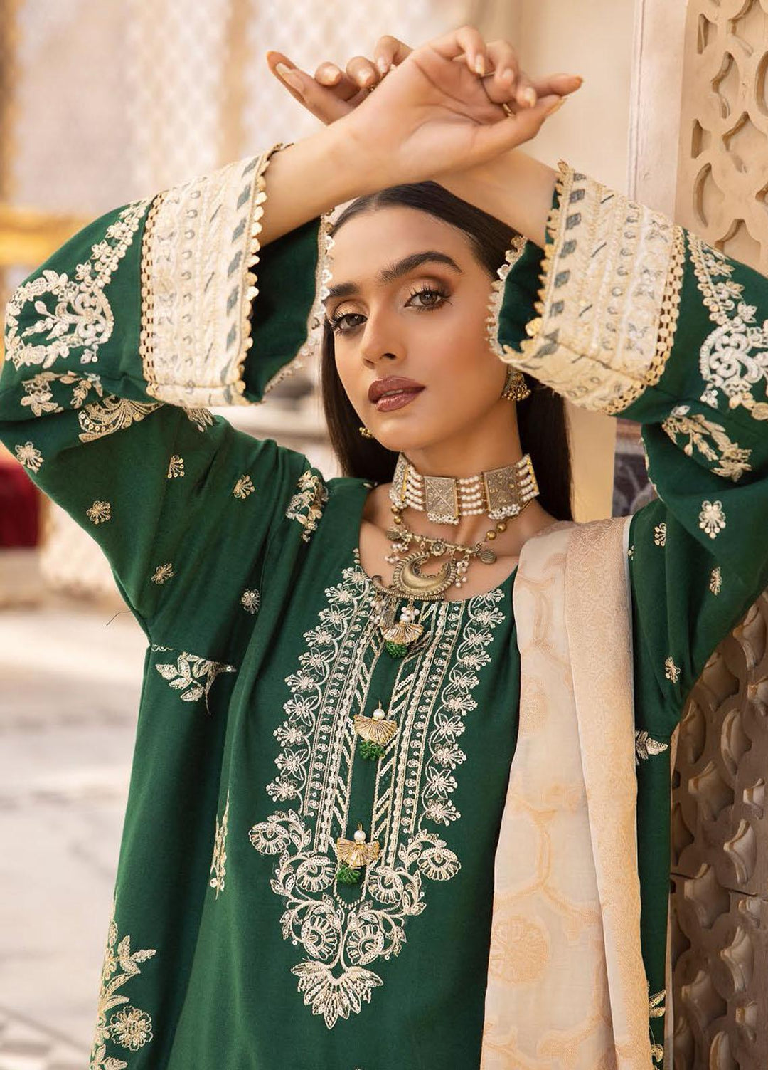 Elma by Riaz Arts Embroidered Leather Peach Suits Unstitched 3 Piece RA22ELP D-01 - Winter Collection