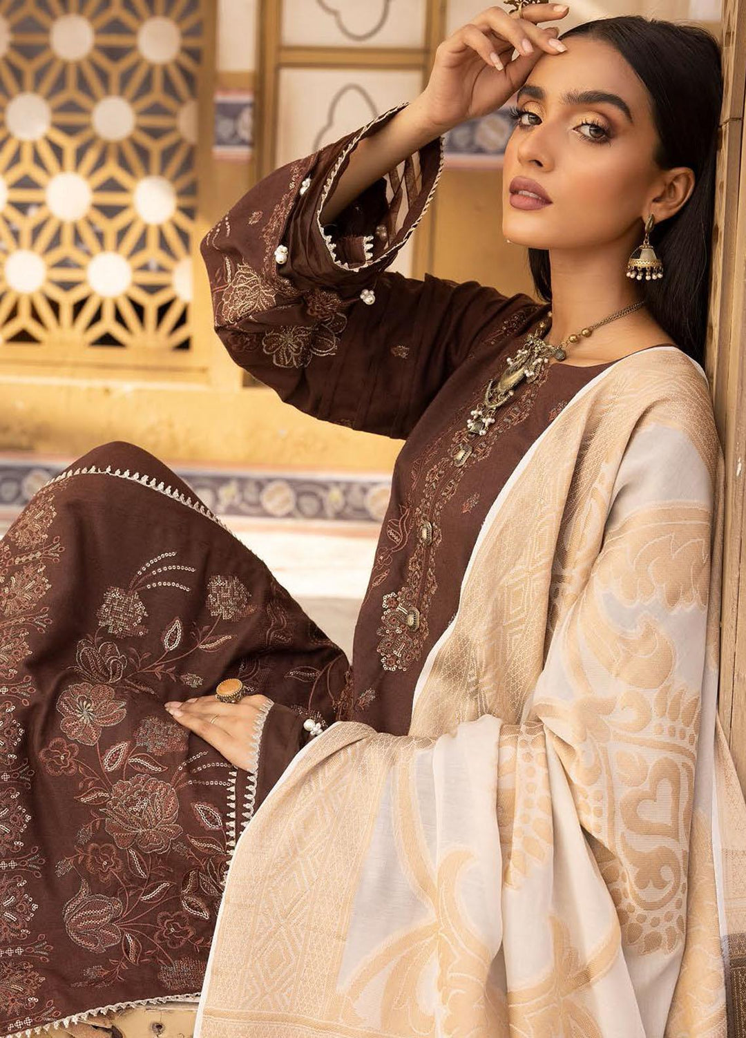 Elma by Riaz Arts Embroidered Leather Peach Suits Unstitched 3 Piece RA22ELP D-06 - Winter Collection