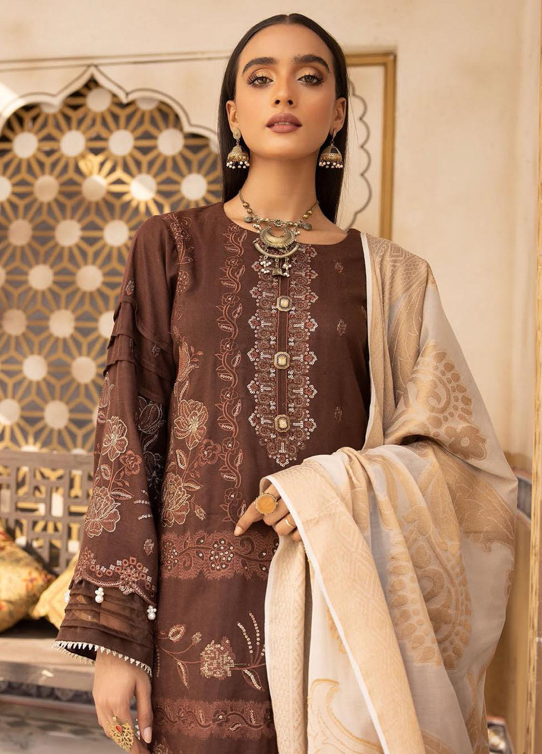 Elma by Riaz Arts Embroidered Leather Peach Suits Unstitched 3 Piece RA22ELP D-06 - Winter Collection