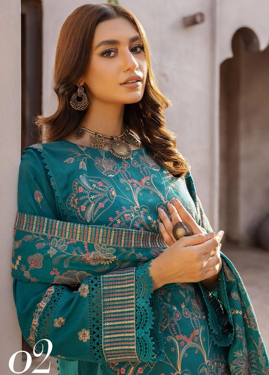 Elma by Riaz Arts Embroidered Leather Peach Suits Unstitched 3 Piece RA22E 02 - Winter Collection