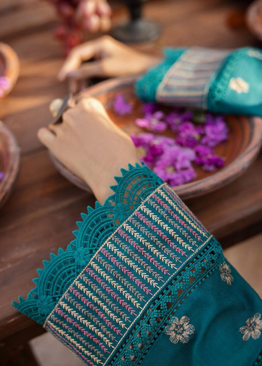 Elma by Riaz Arts Embroidered Leather Peach Suits Unstitched 3 Piece RA22E 02 - Winter Collection