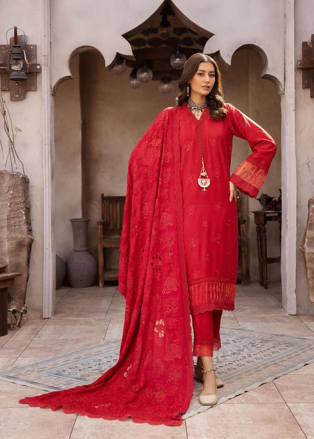 Elma by Riaz Arts Embroidered Leather Peach Suits Unstitched 3 Piece RA22E 03 - Winter Collection