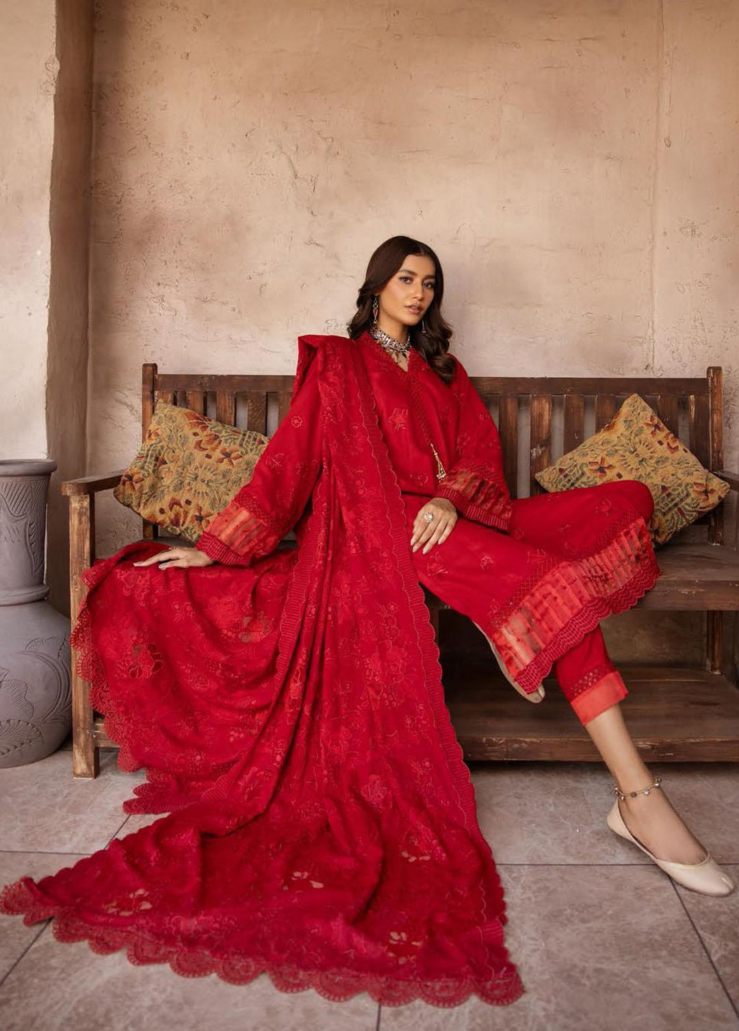 Elma by Riaz Arts Embroidered Leather Peach Suits Unstitched 3 Piece RA22E 03 - Winter Collection