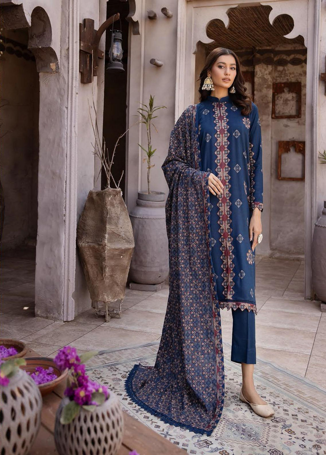Elma by Riaz Arts Embroidered Leather Peach Suits Unstitched 3 Piece RA22E 06 - Winter Collection