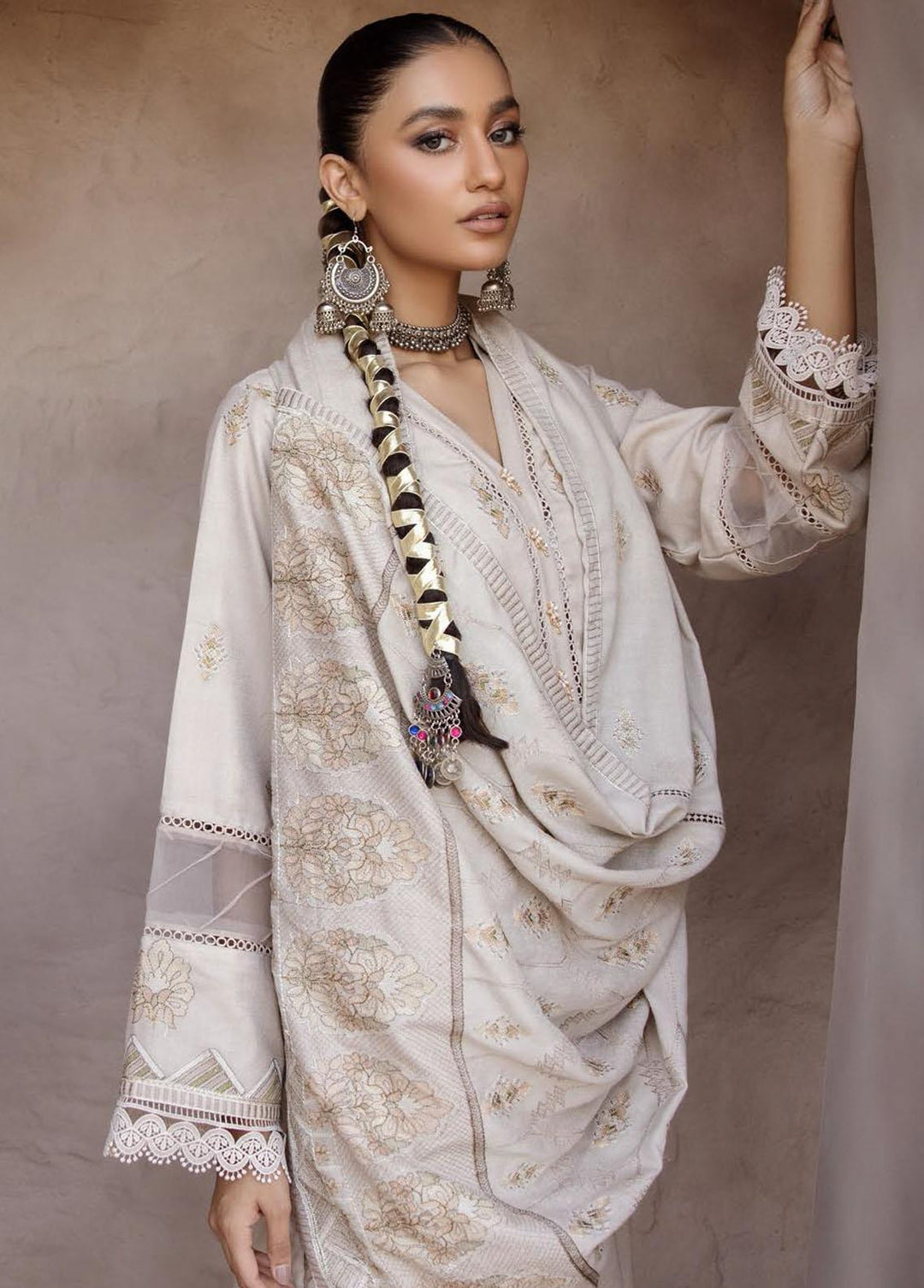 Elma by Riaz Arts Embroidered Leather Peach Suits Unstitched 3 Piece RA22E 07 - Winter Collection