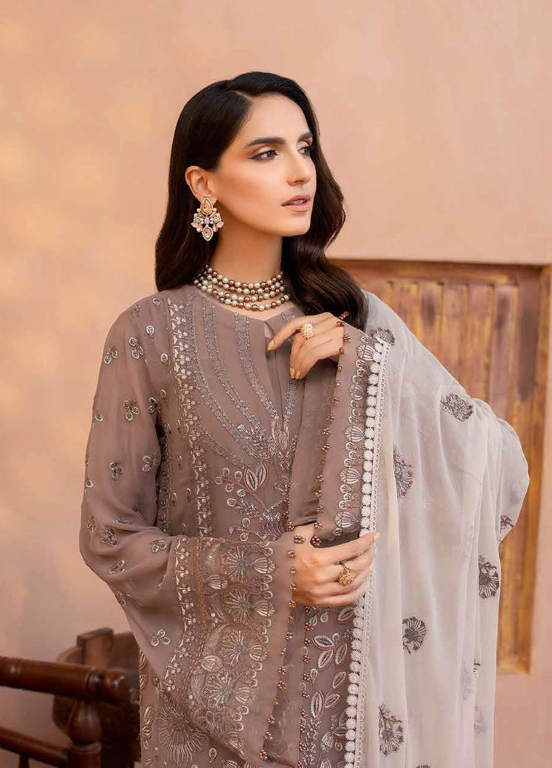 Elnaz By Flossie Embroidered Chiffon Suits Unstitched 3 Piece FS23EZ E-101 Otter - Festive Collection