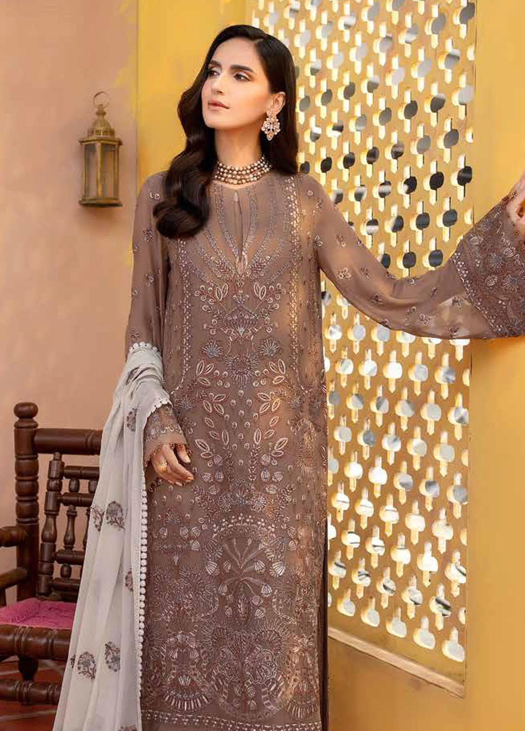 Elnaz By Flossie Embroidered Chiffon Suits Unstitched 3 Piece FS23EZ E-101 Otter - Festive Collection