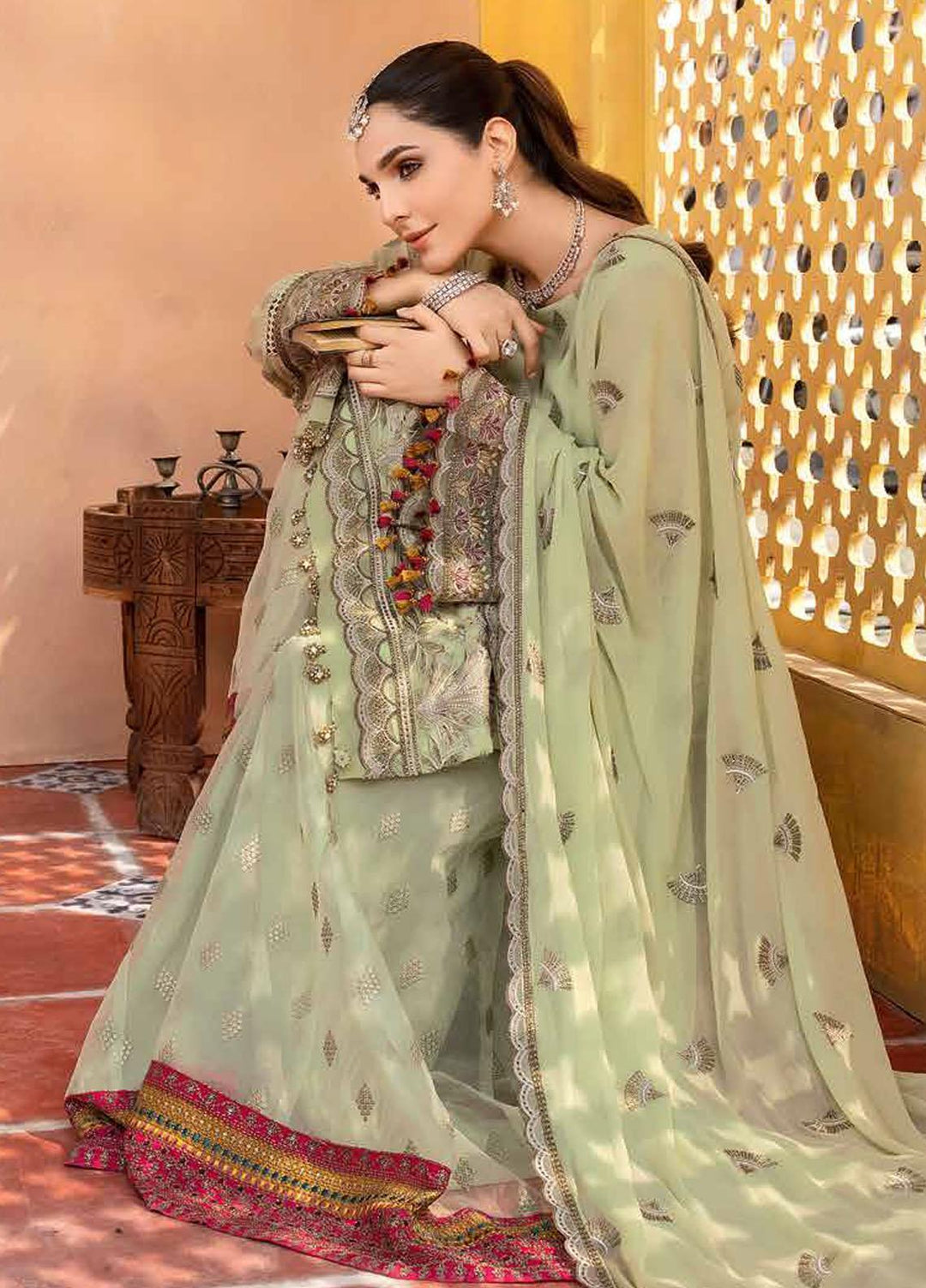 Elnaz By Flossie Embroidered Chiffon Suits Unstitched 3 Piece FS23EZ E-104 Mosstone - Festive Collection