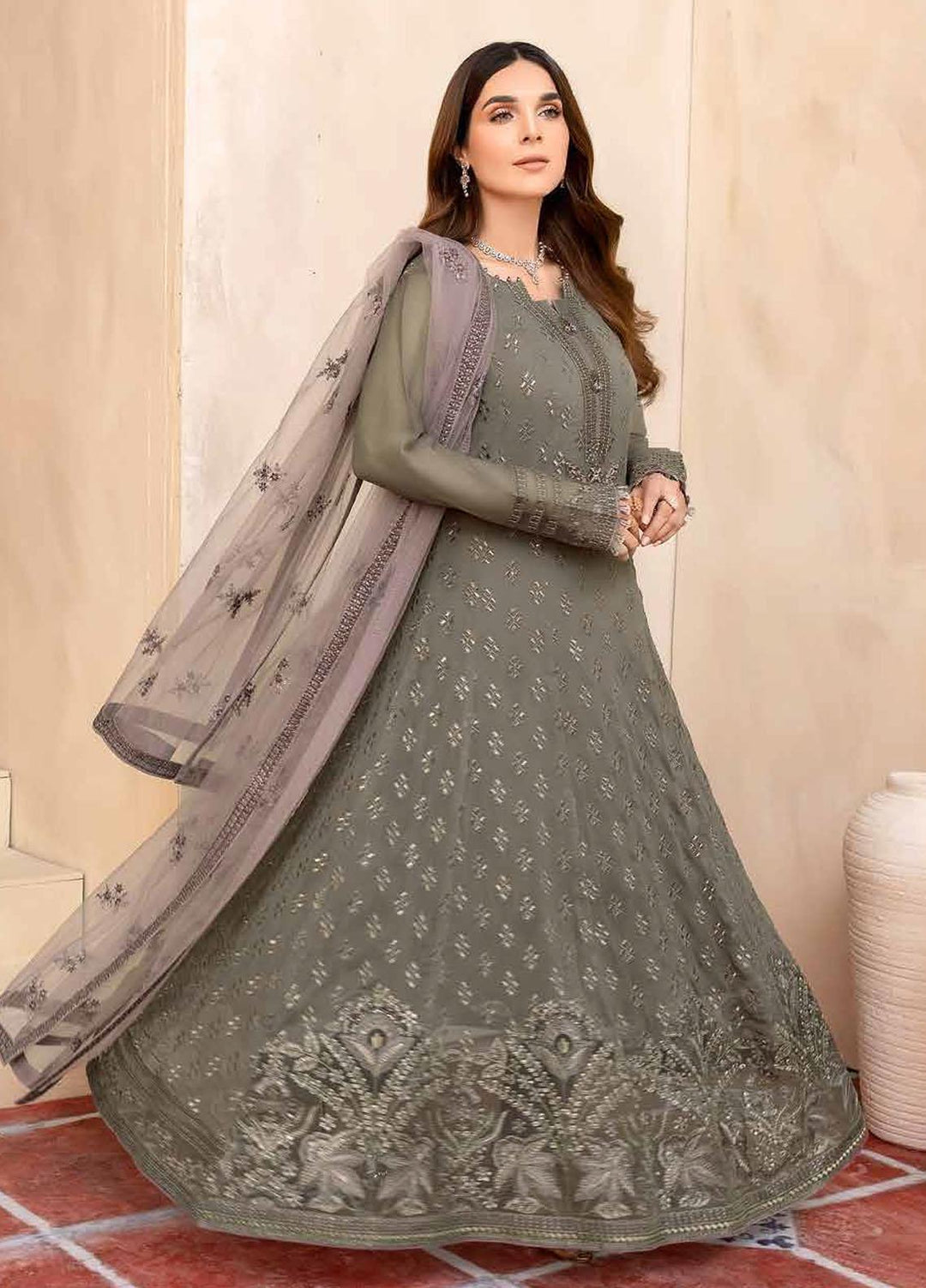 Elnaz By Flossie Embroidered Chiffon Suits Unstitched 3 Piece FS23EZ E-106 Desert Palm - Festive Collection