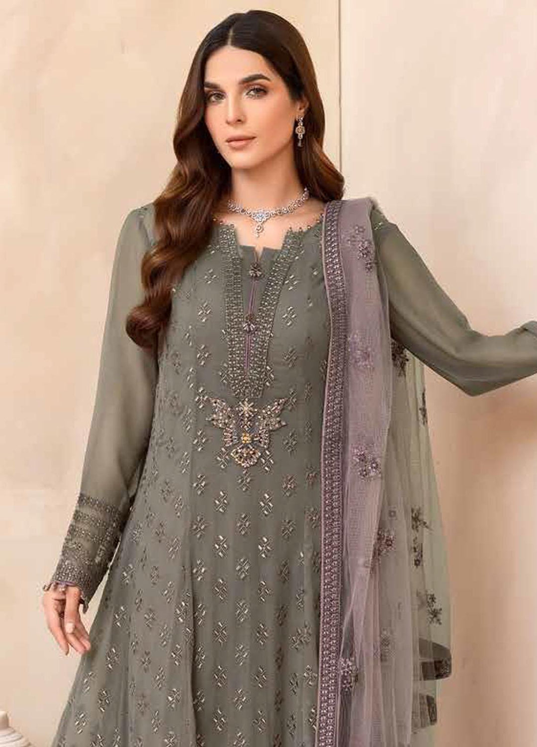 Elnaz By Flossie Embroidered Chiffon Suits Unstitched 3 Piece FS23EZ E-106 Desert Palm - Festive Collection