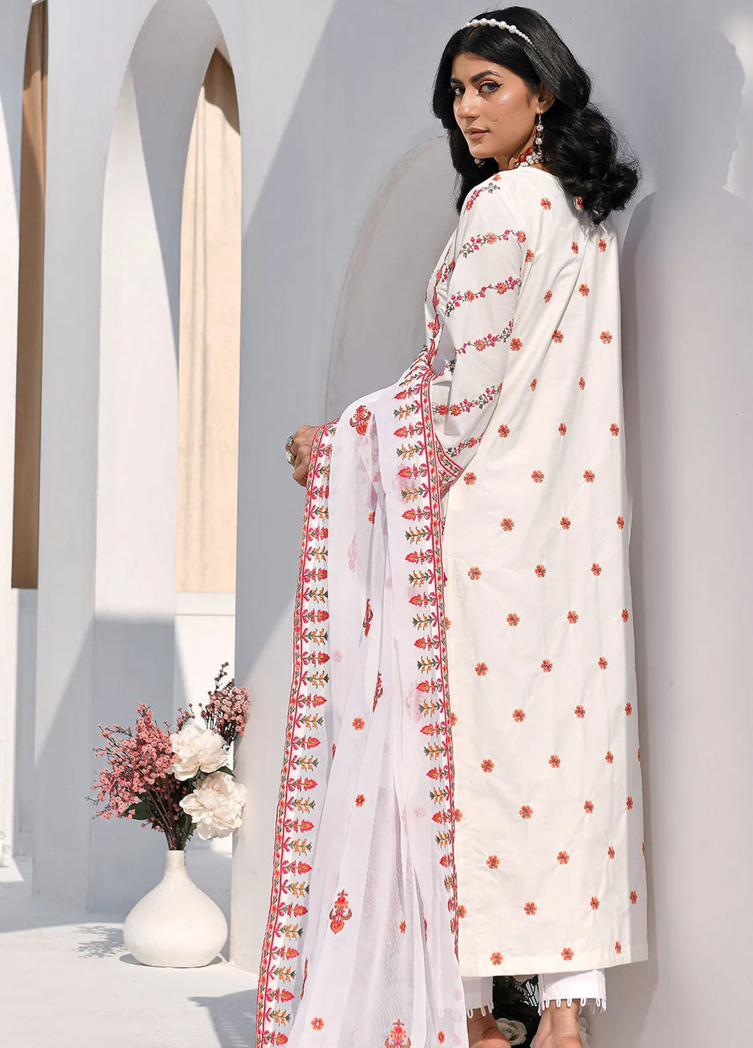 Elysia By Fiona Pret Embroidered Cotton 3 Piece Suit For Girls Marigold