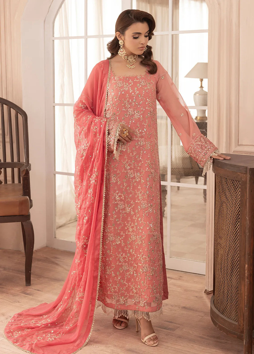 Elyssa by Sahane Embroidered Chiffon Suits Unstitched 3 Piece SNE25EL CT-19003 Rosa - Formal Collection