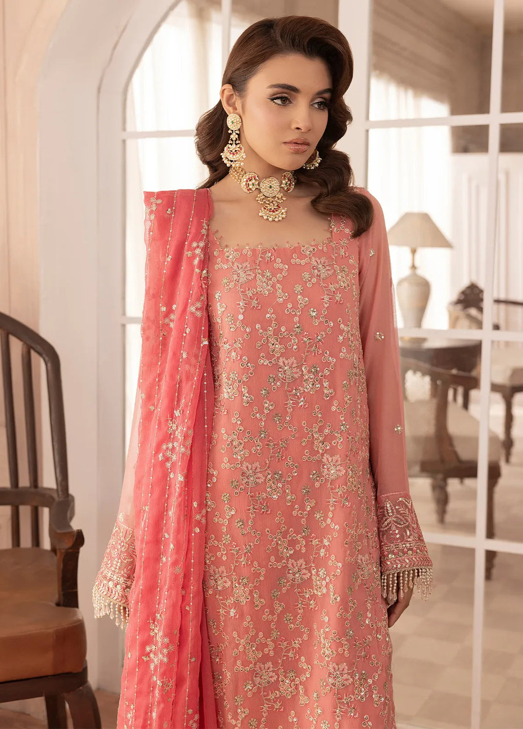 Elyssa by Sahane Embroidered Chiffon Suits Unstitched 3 Piece SNE25EL CT-19003 Rosa - Formal Collection