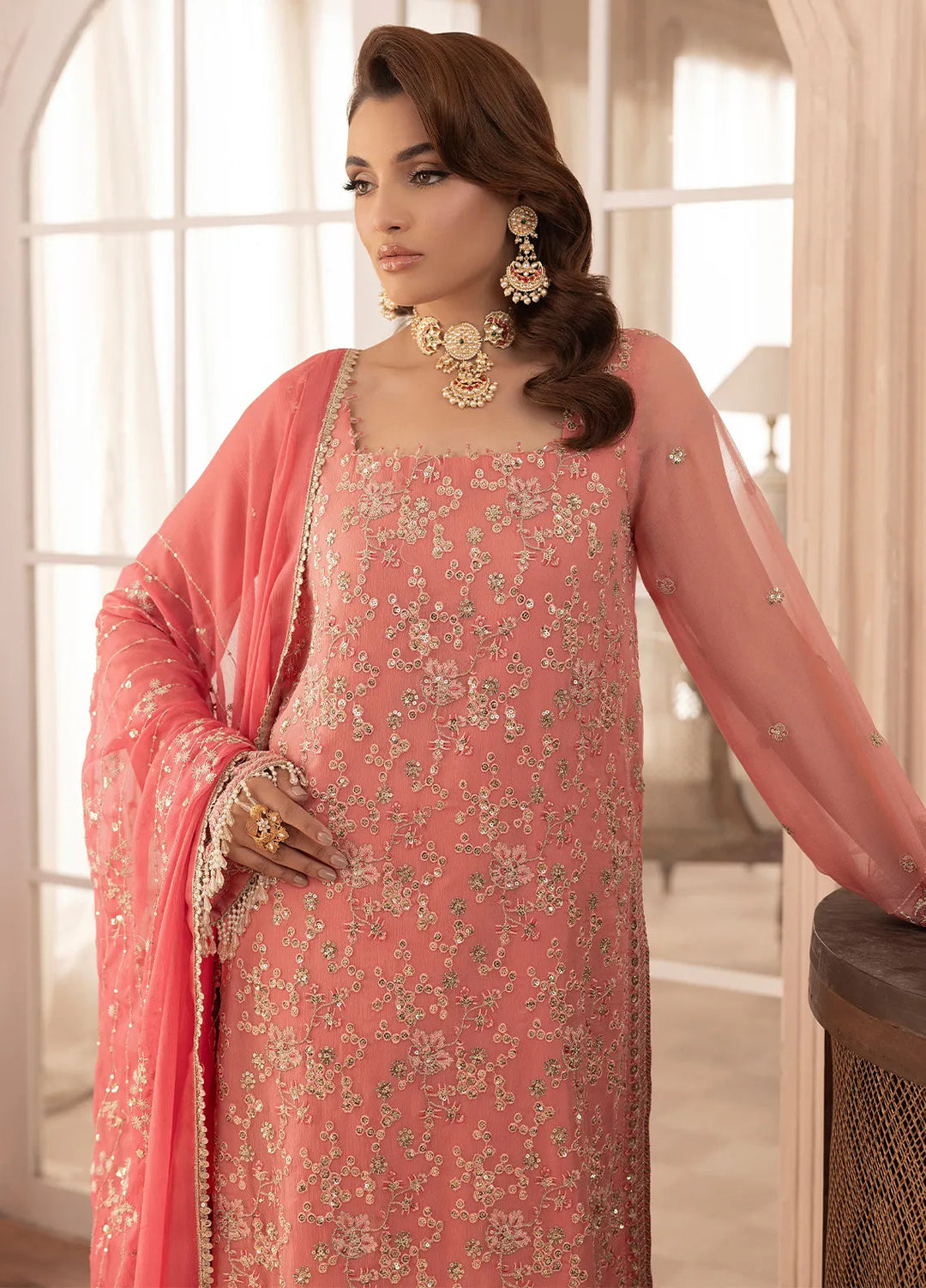 Elyssa by Sahane Embroidered Chiffon Suits Unstitched 3 Piece SNE25EL CT-19003 Rosa - Formal Collection