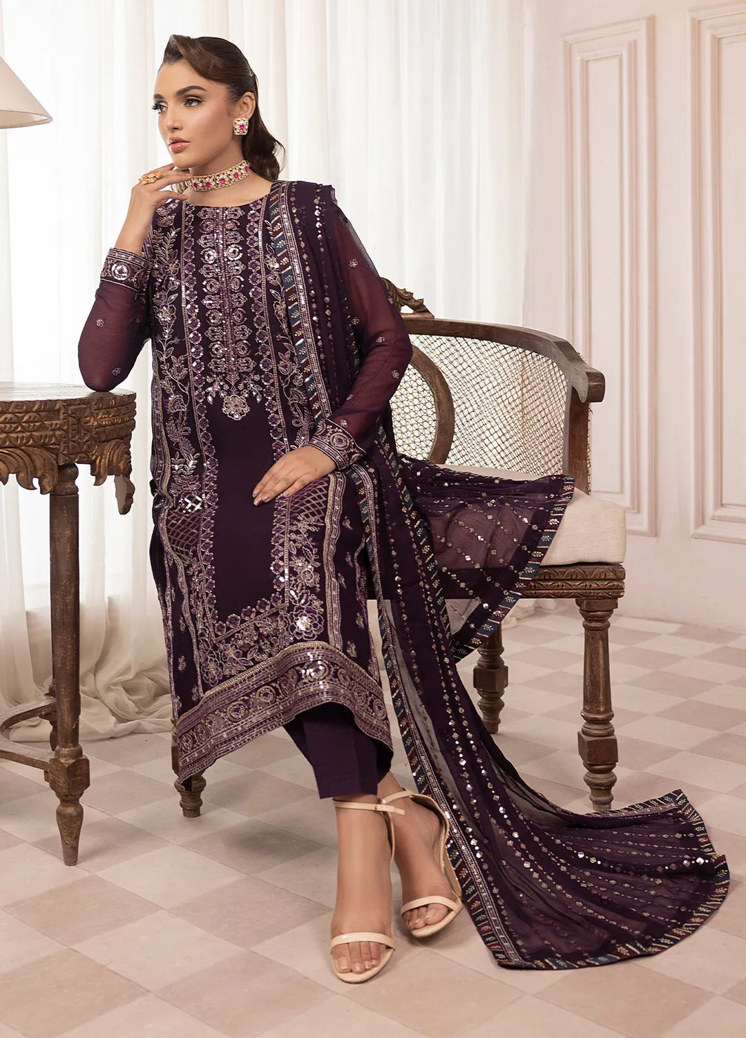 Elyssa by Sahane Embroidered Chiffon Suits Unstitched 3 Piece SNE25EL CT-19006 Mure - Formal Collection