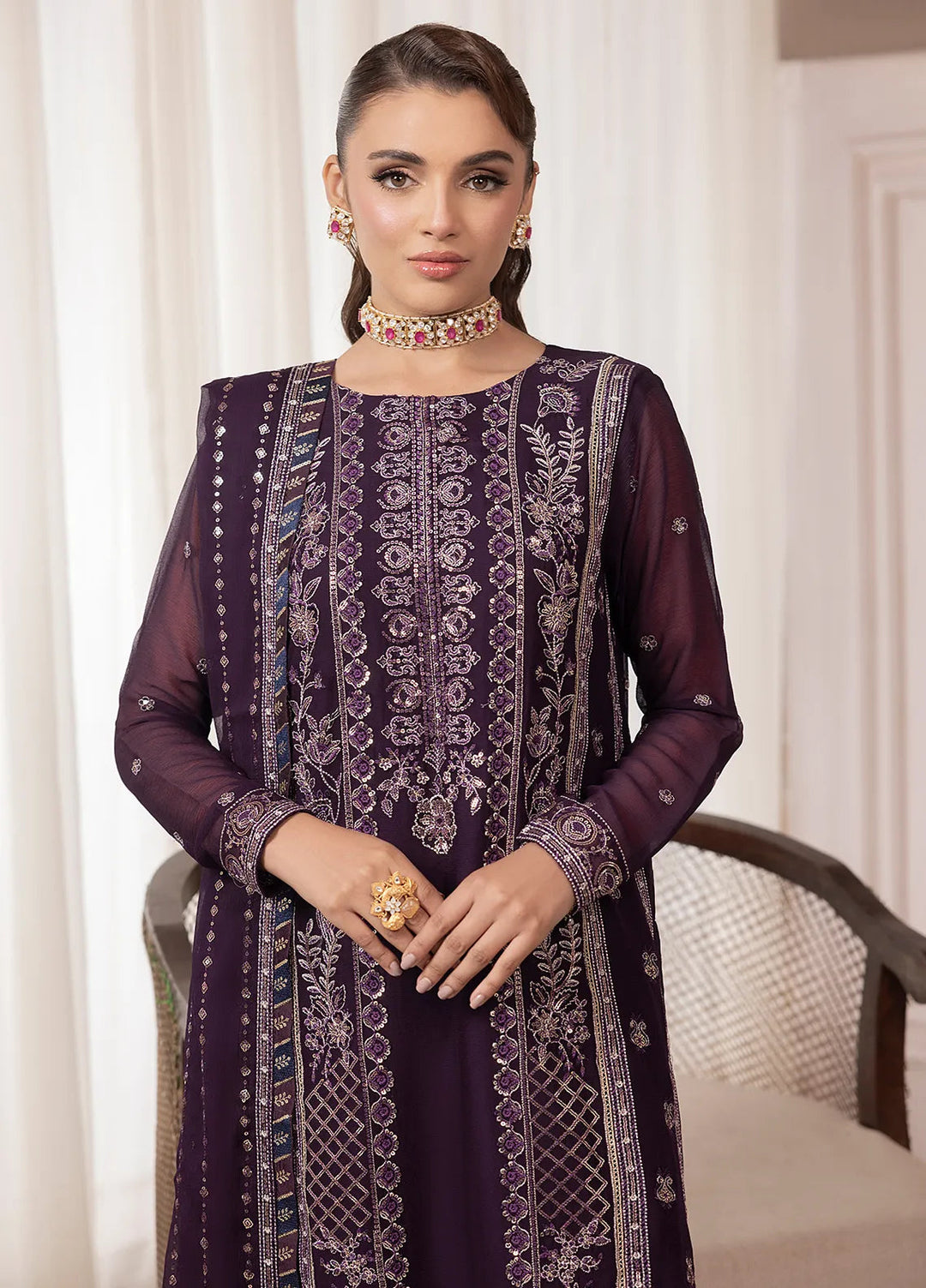 Elyssa by Sahane Embroidered Chiffon Suits Unstitched 3 Piece SNE25EL CT-19006 Mure - Formal Collection