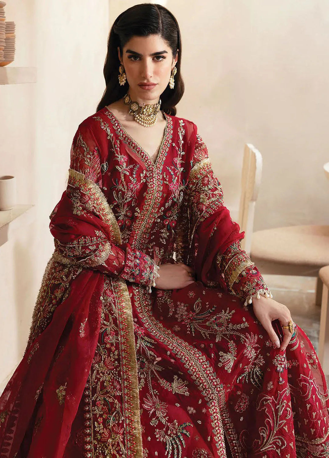 Emaan Adeel Embroidered Organza Suit Unstitched 3 Piece EA25CC Carmine - Luxury Collection