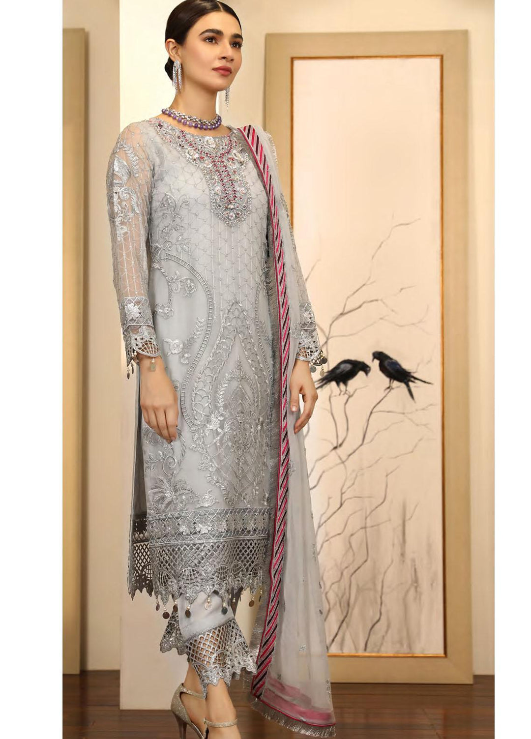 Emaan Adeel Embroidered Chiffon Suits Unstitched 3 Piece EA21LF LE-08 - Luxury Collection