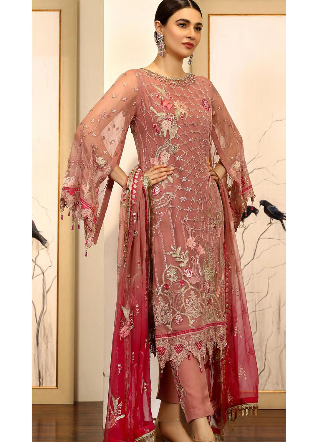 Emaan Adeel Embroidered Chiffon Suits Unstitched 3 Piece EA21LF LE-09 - Luxury Collection