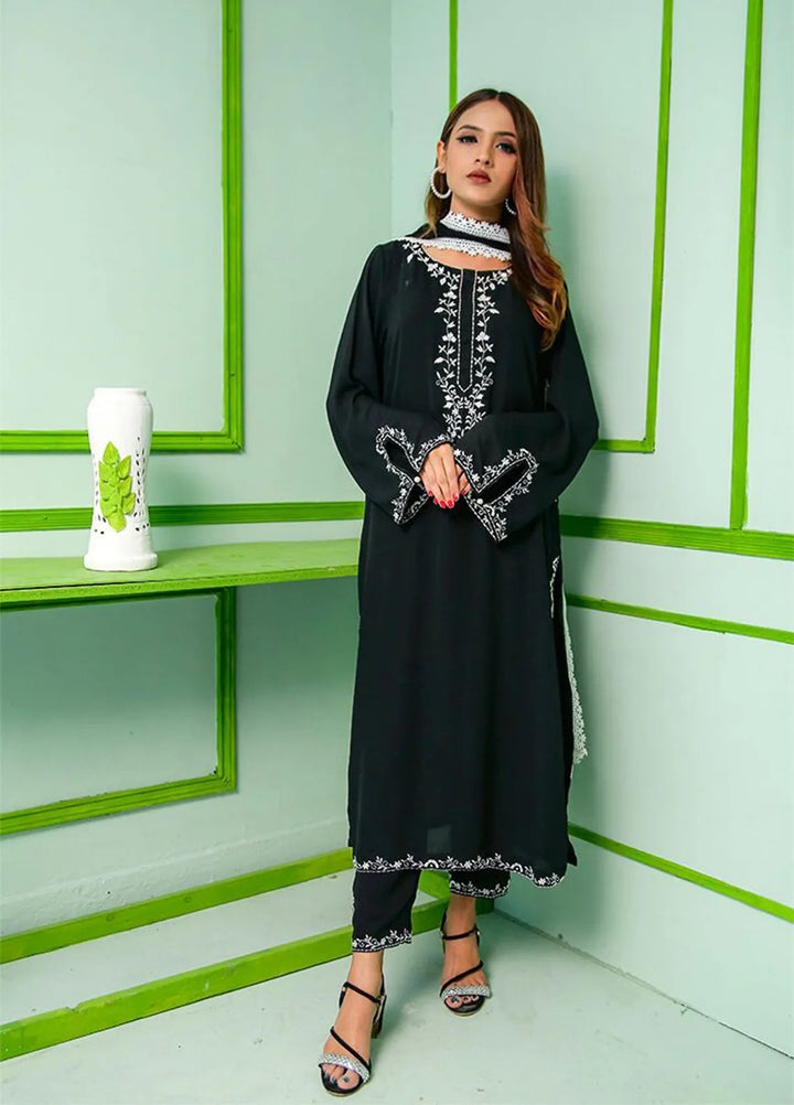 Eman Butt Pret Embroidered Georgette 3 Piece Suit Black daisy